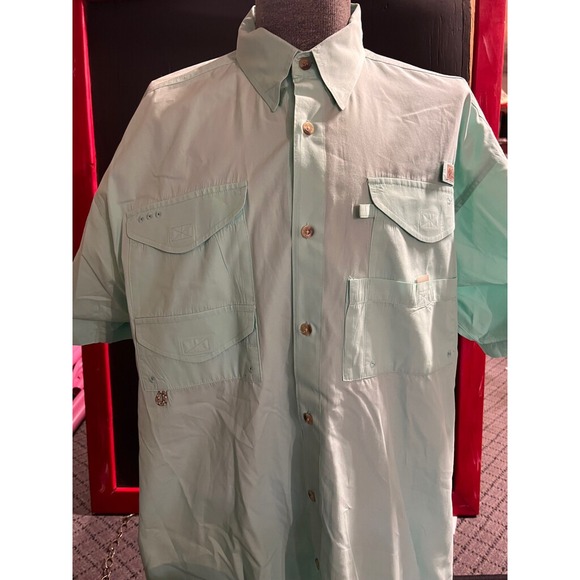 NWoT Columbia PFG Men Large Mint Short Sleeve Fishing Pocket Button‎ Down (GS2) - Picture 1 of 6